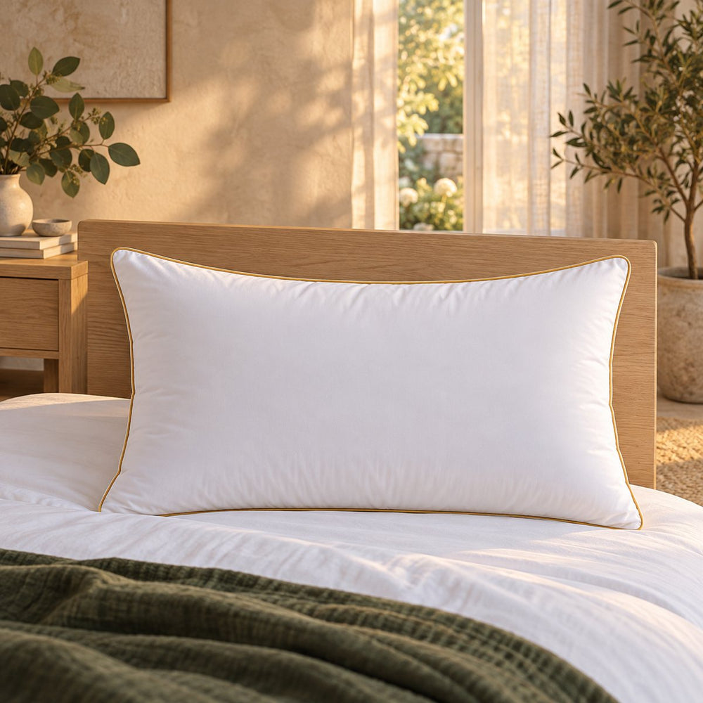 Häussling 3-chamber pillow against an oak headboard