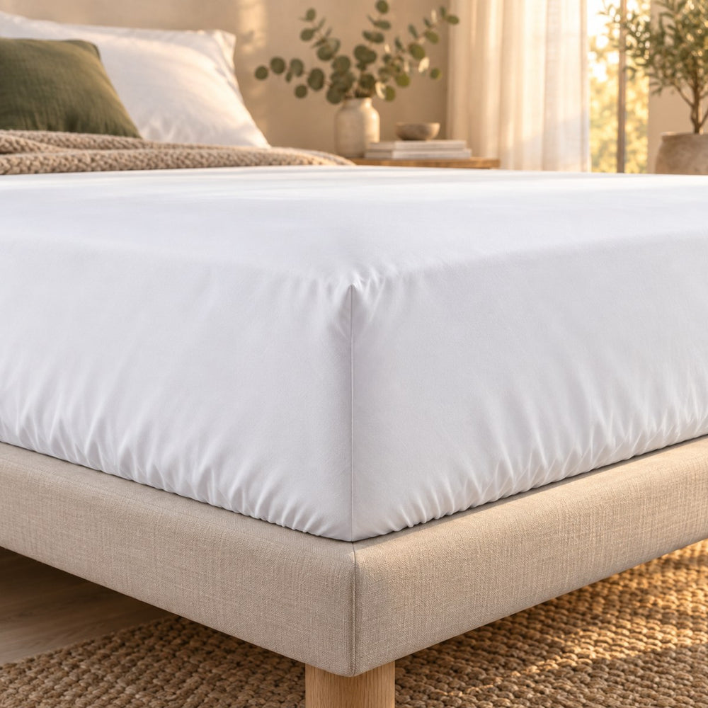 Close view of the Huxberry ActivChill 5-Sided Mattress Protector in evening light