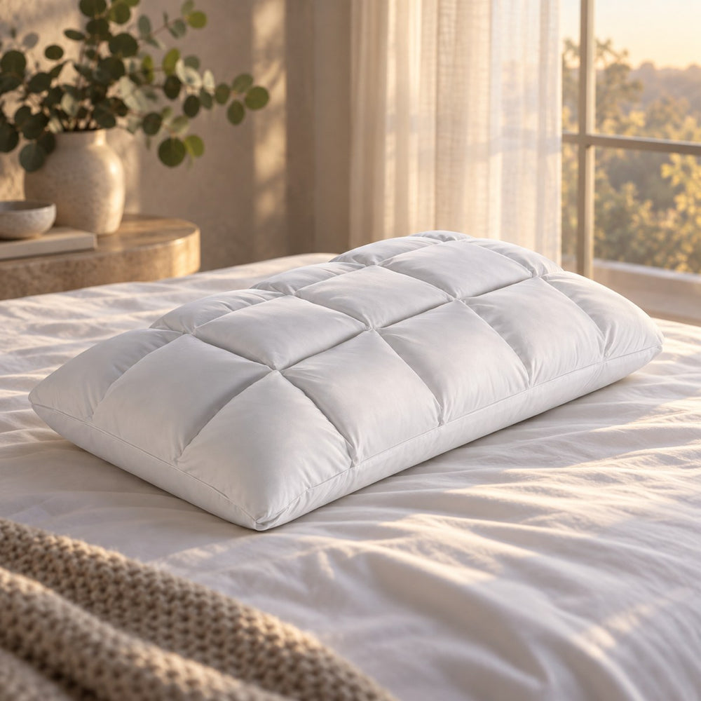 Close view of the quilted cells of the Huxberry ActivChill Litecell Gel Pillow in evening light