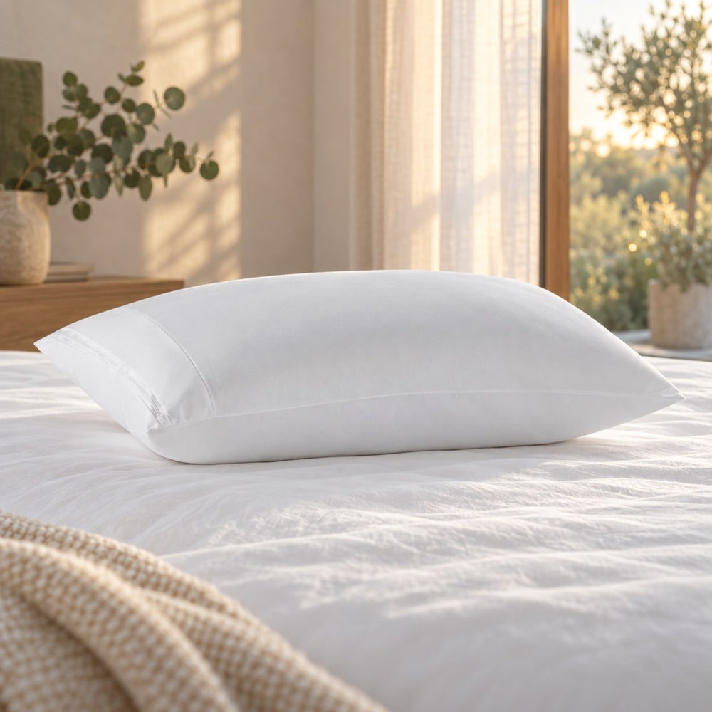 Close view of the Huxberry ActivChill Pillow Protector in evening light