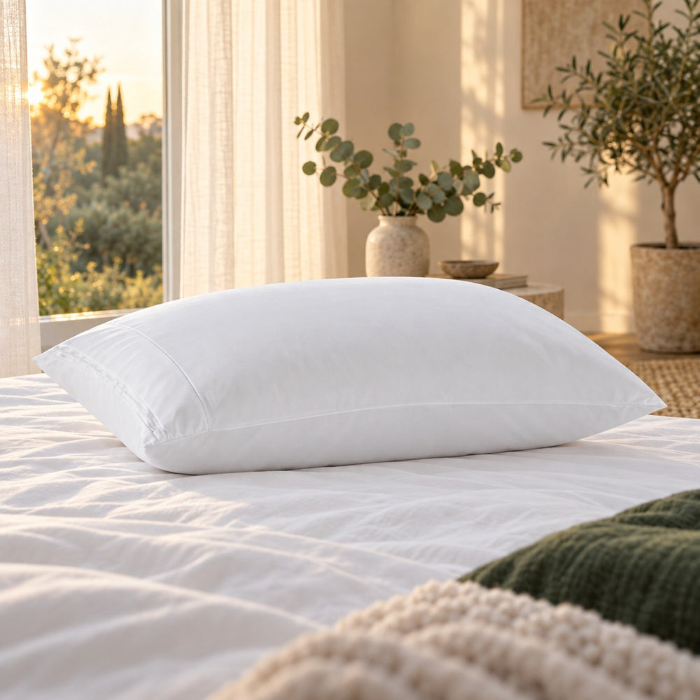 Close view of the Huxberry ActivGuard Pillow Protector in evening light