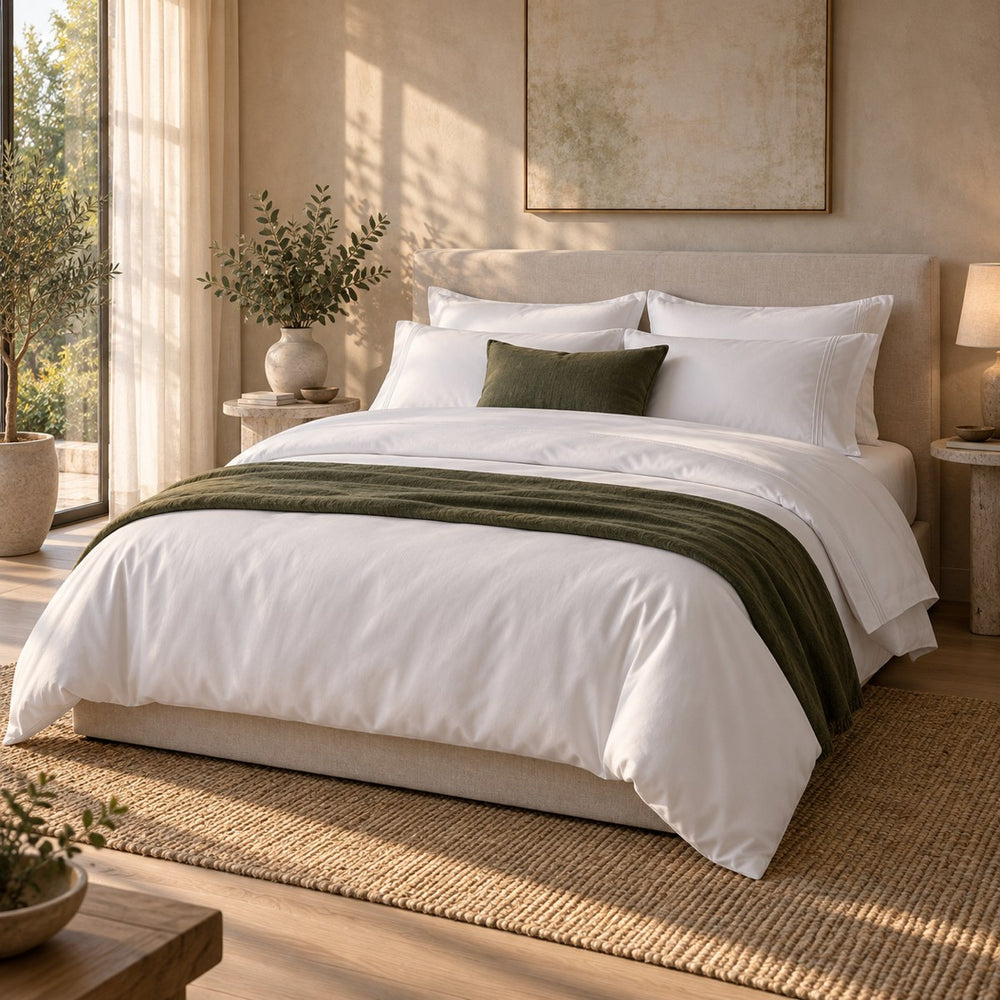A made bed dressed in the Huxberry Breeze Tencel Duvet Cover