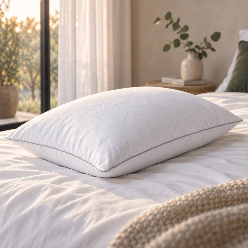 Close view of the patterned cover and piping of the Huxberry Frosted Ice Pillow