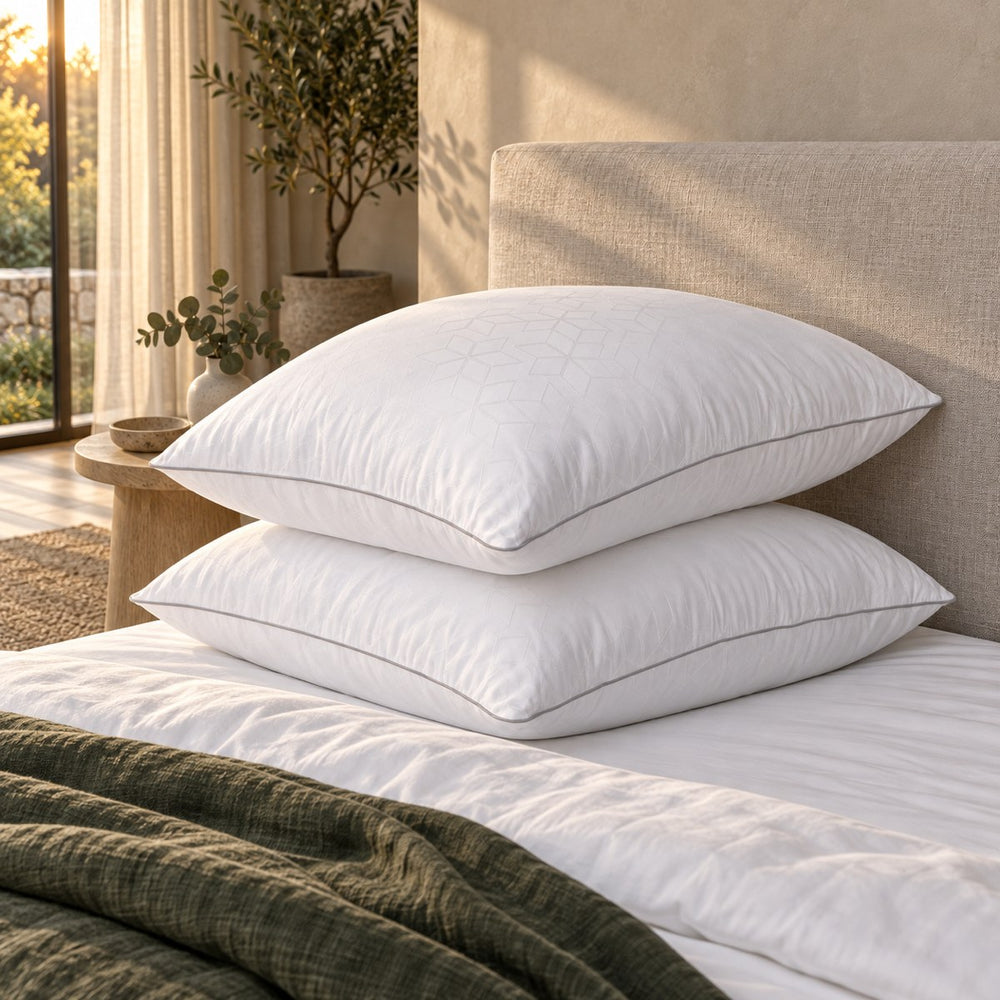 Two Huxberry Frosted Ice Pillows against an upholstered headboard
