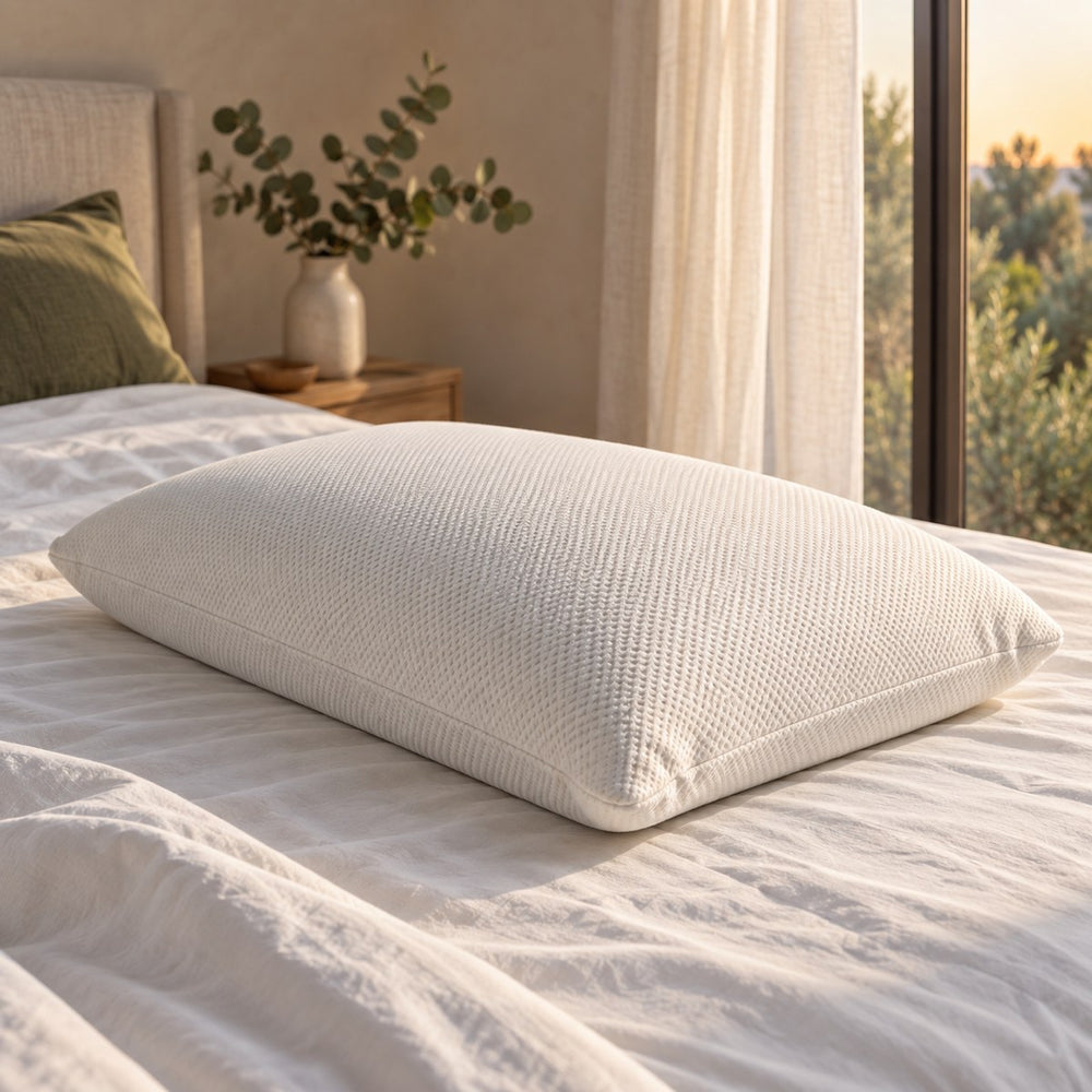 Close view of the Huxberry Organic Latex Pillow and its knitted organic cotton cover in evening light
