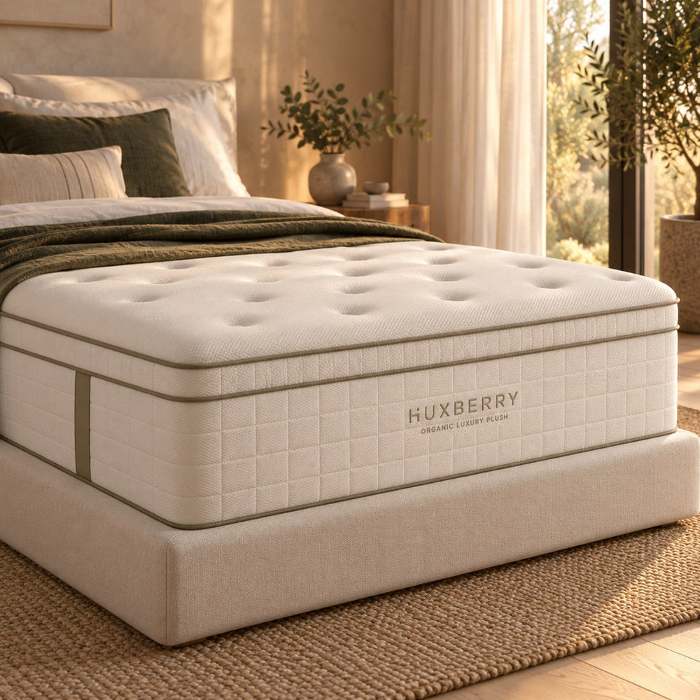 Close-up of the Huxberry Organic Luxury Plush Mattress edge, quilting and embroidered name