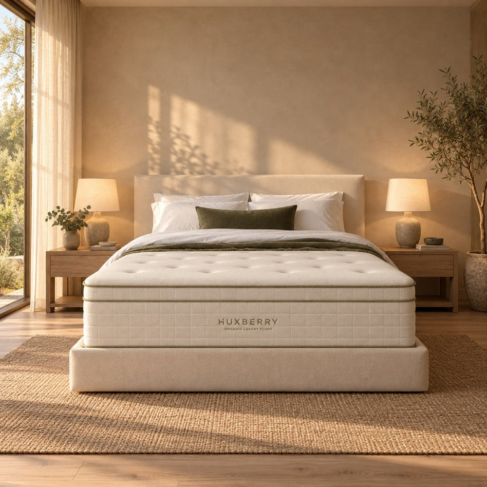 Huxberry Organic Luxury Plush Mattress styled in a calm bedroom