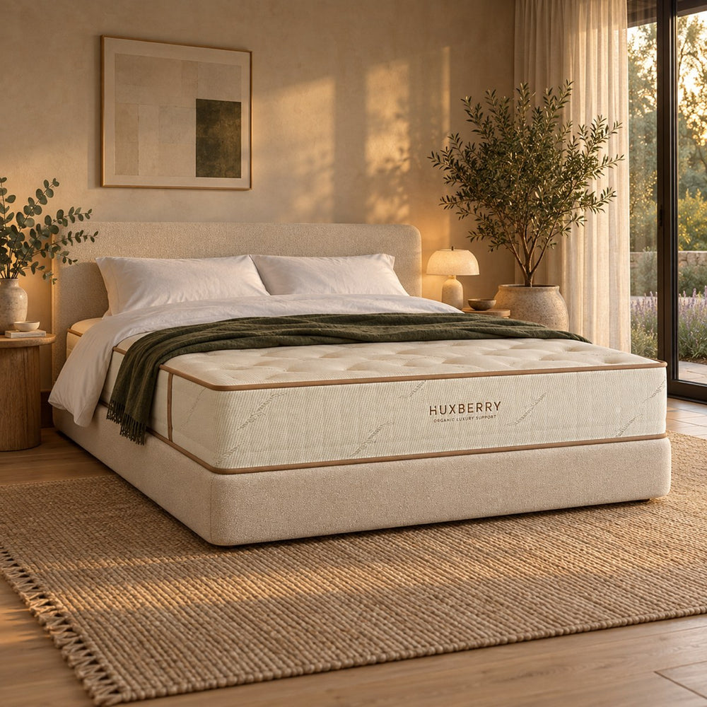 Huxberry Organic Luxury Support Mattress on a made bed in a warm, light bedroom