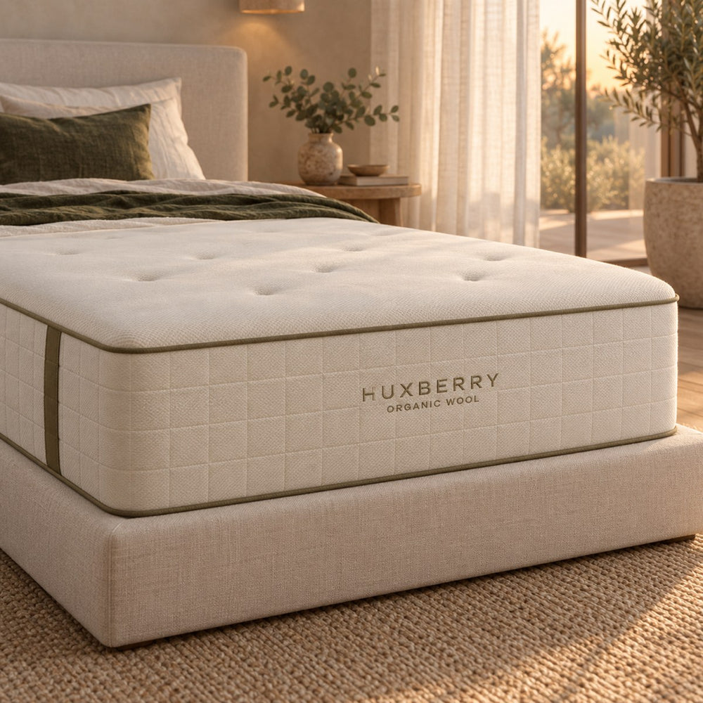 Close-up of the Huxberry Organic Wool Mattress edge, quilting and embroidered name