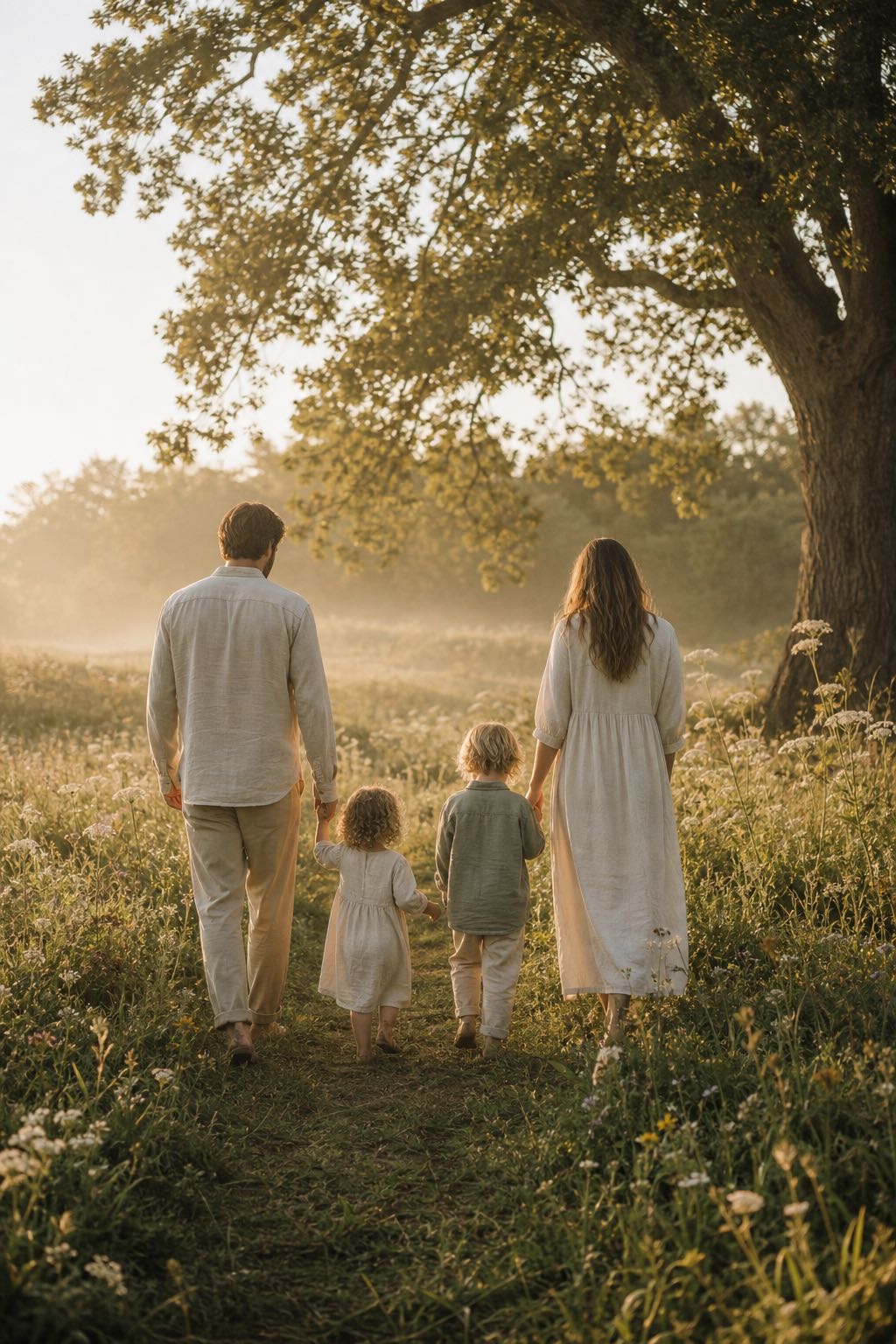 A young family walking through a sunlit wildflower meadow beneath an oak tree