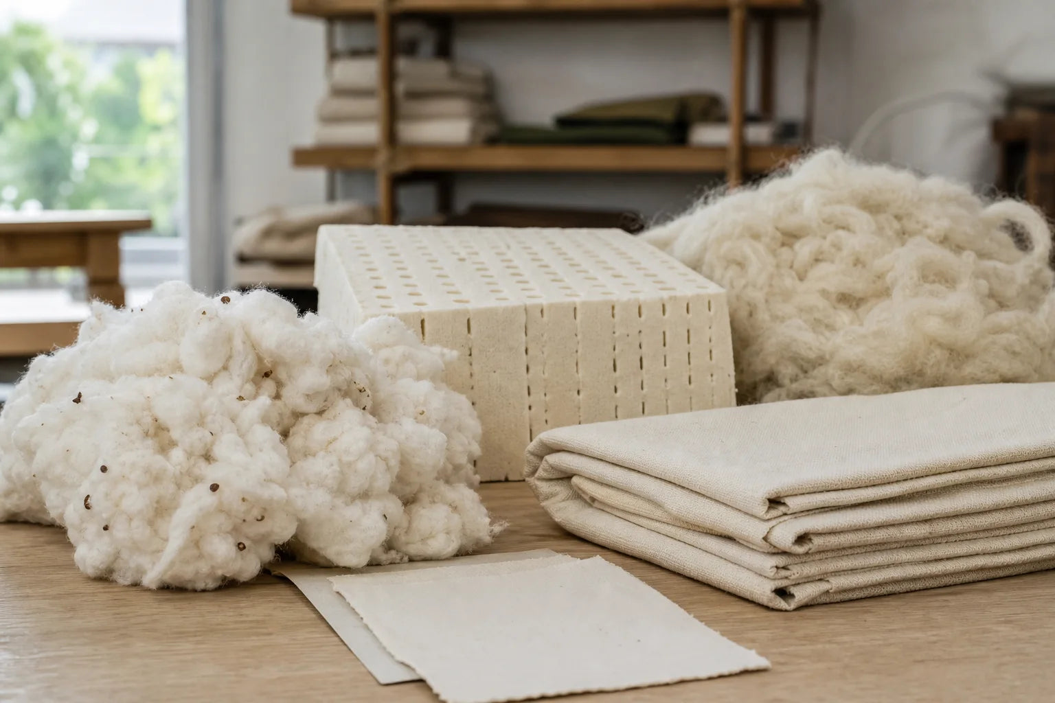 Natural latex, wool, cotton and woven fabric arranged on a workshop table