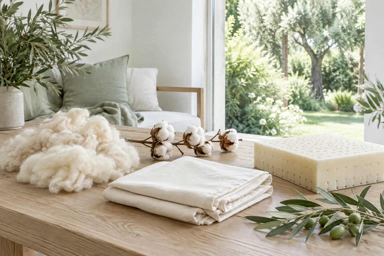Natural latex, wool, cotton and woven fabric arranged on a workshop table