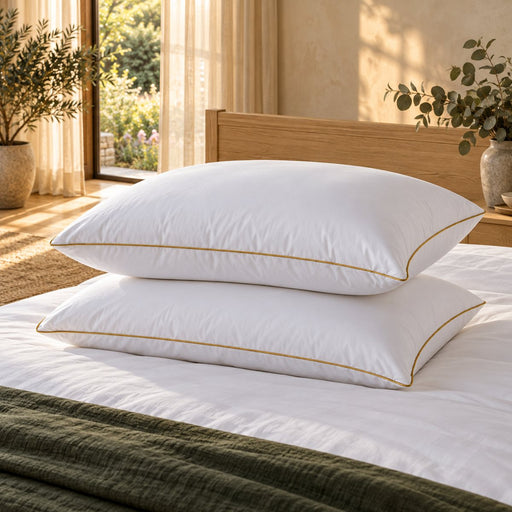 Two Häussling Classic goose down and feather pillows stacked on a made white bed
