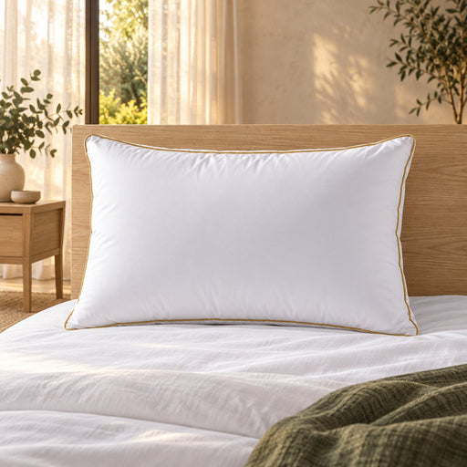 Häussling Classic pillow with gold piping against an oak headboard