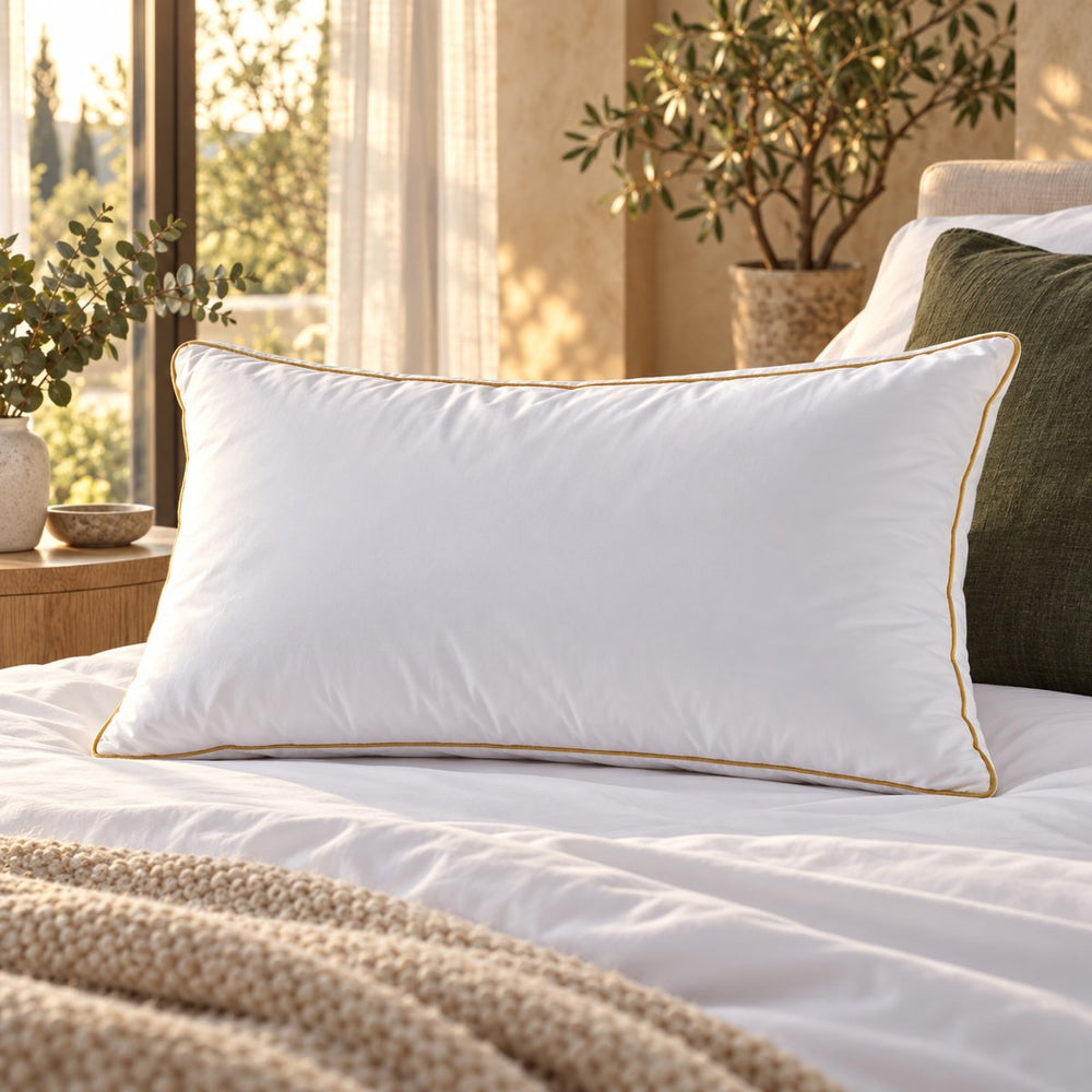 Häussling Classic pillow with gold piping on white cotton sheets