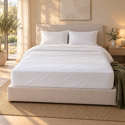 Huxberry ActivChill 5-Sided Mattress Protector in a warm, light bedroom