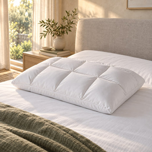 Huxberry ActivChill Litecell Gel Pillow on a made bed in a warm, light bedroom
