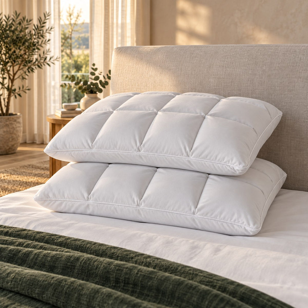 Two Huxberry ActivChill Litecell Gel Pillows against an upholstered headboard