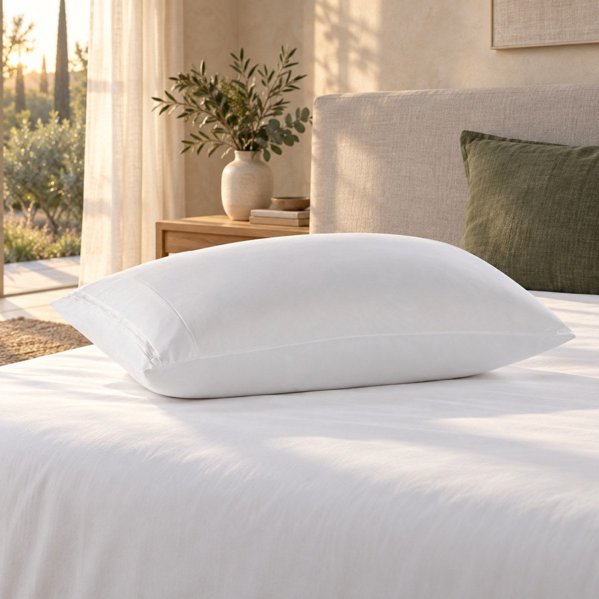 Huxberry ActivChill Pillow Protector in a warm, light bedroom