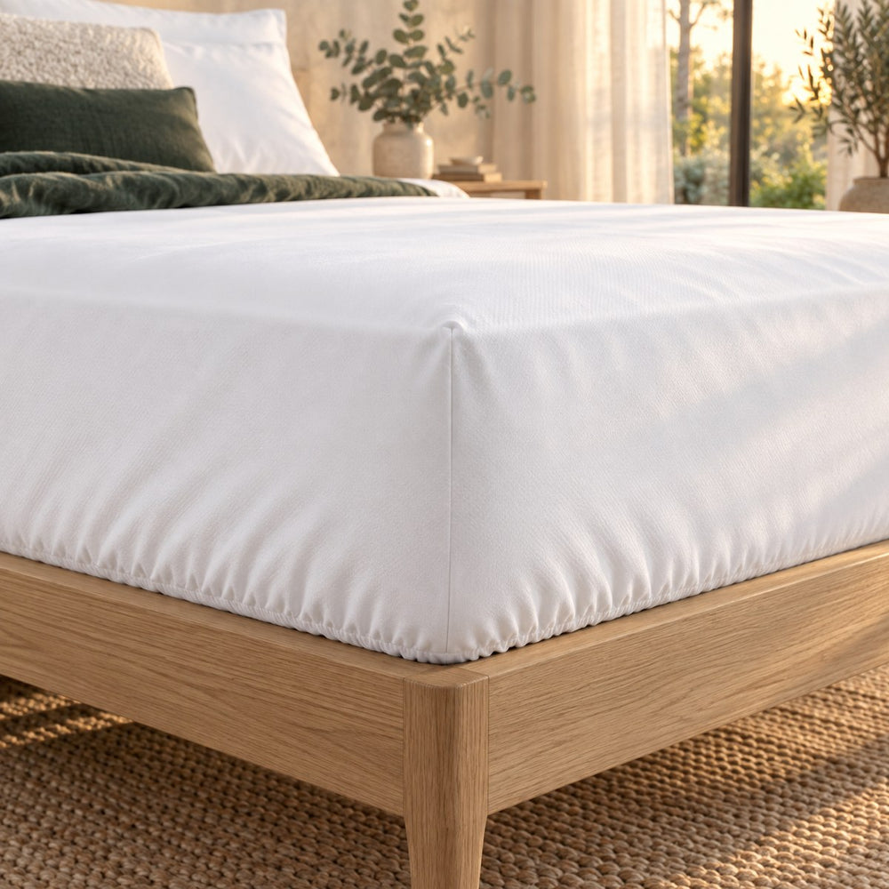 Close view of the Huxberry ActivGuard 5-Sided Mattress Protector in evening light