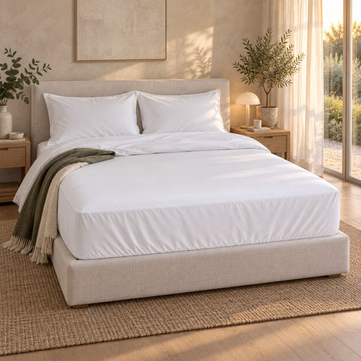 Huxberry ActivGuard 5-Sided Mattress Protector in a warm, light bedroom