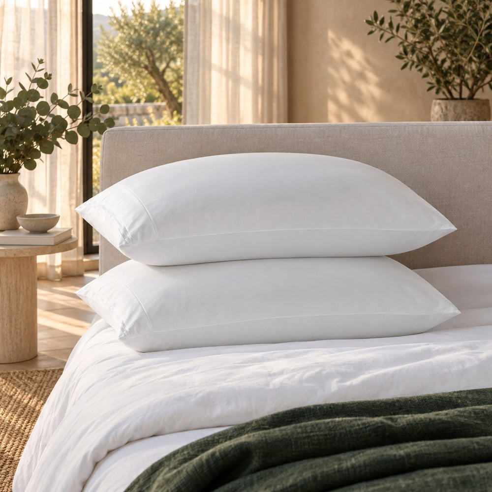 Two pillows in the Huxberry ActivGuard Pillow Protector against an upholstered headboard