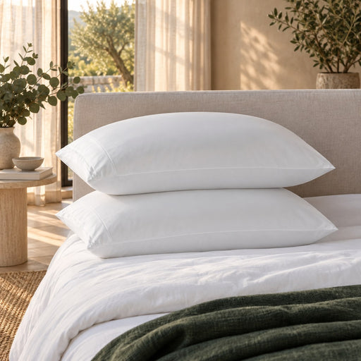 Two pillows in the Huxberry ActivGuard Pillow Protector against an upholstered headboard