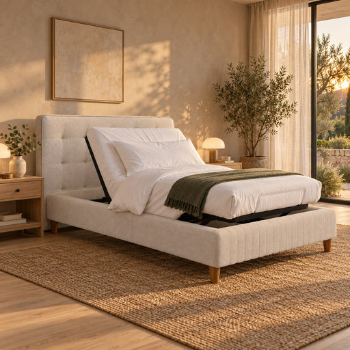 Huxberry Adjustable Deluxe Bed in a warm, light bedroom