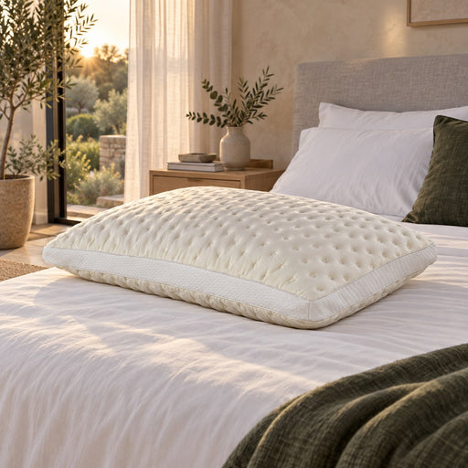 Huxberry Bamboo Memory Plush Pillow on a made bed in a warm, light bedroom