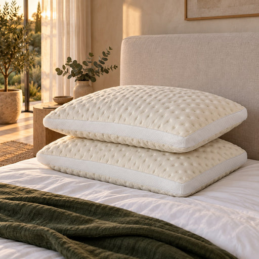 Two Huxberry Bamboo Memory Plush Pillows against an upholstered headboard