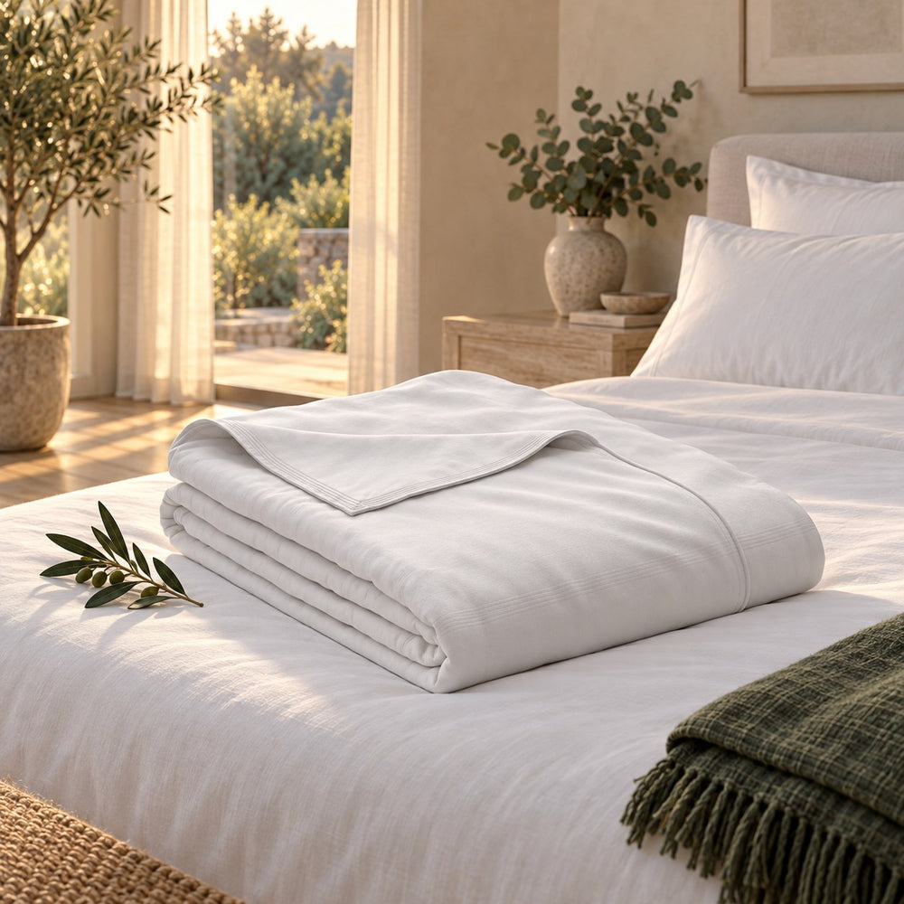 The Huxberry Breeze Tencel Duvet Cover neatly folded on a made bed