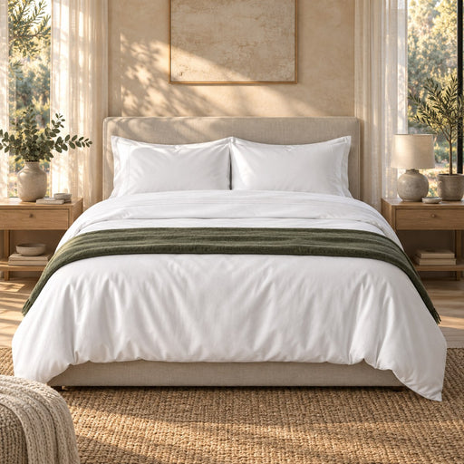 Huxberry Breeze Tencel Duvet Cover in a warm, light bedroom