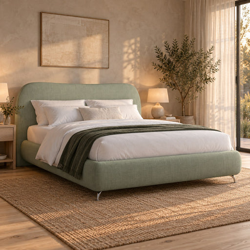 Huxberry Chelsea Bed in a warm, light bedroom