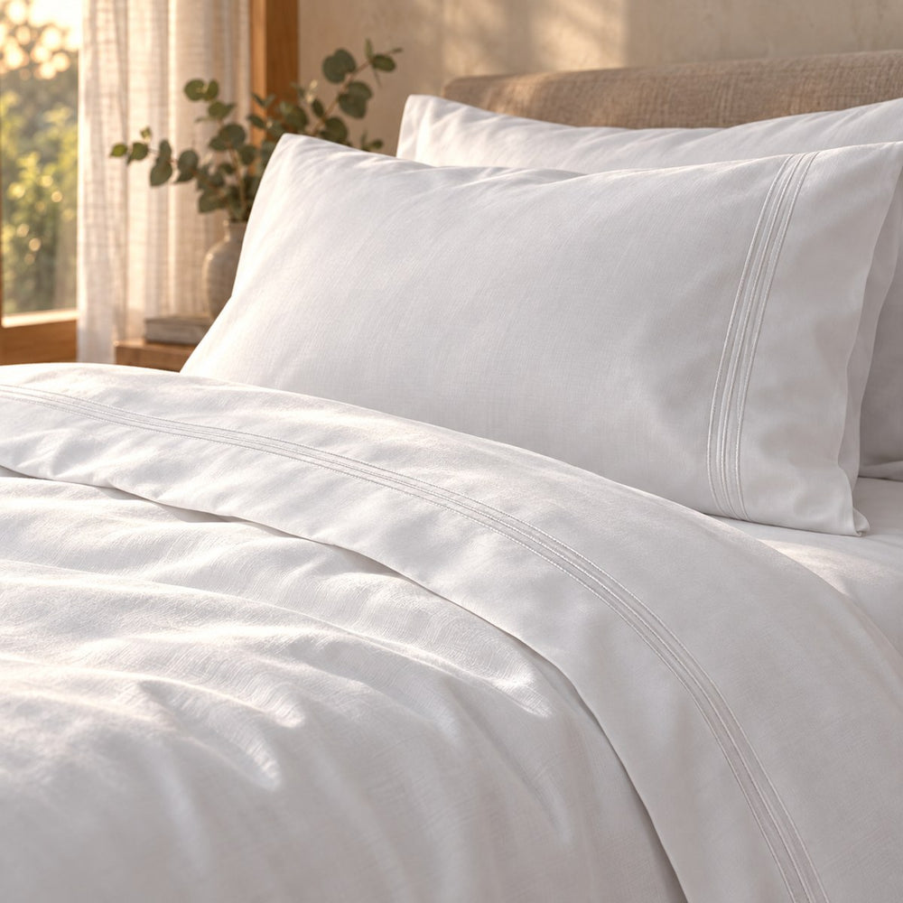 Close view of the Huxberry Essence Tencel Bedding Bundle in evening light