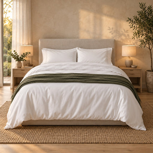 Huxberry Essence Tencel Bedding Bundle in a warm, light bedroom
