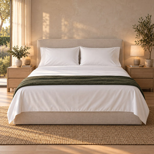 Huxberry Essence Tencel Sheets Set in a warm, light bedroom