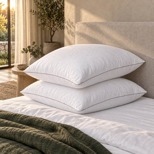 Two Huxberry Frosted Ice Pillows against an upholstered headboard