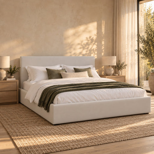 Huxberry Harlow Bed in a warm, light bedroom