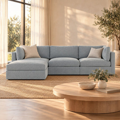 Huxberry Haven Modular 3-seater Sofa with Storage Ottoman in a warm, light living room