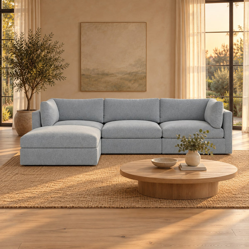 Huxberry Haven Modular 3-seater Sofa with Storage Ottoman styled in a calm living room