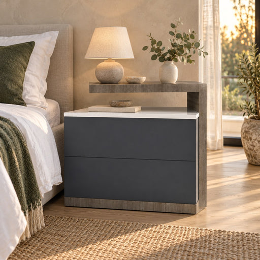 Huxberry Helix Nightstand in a warm, light bedroom