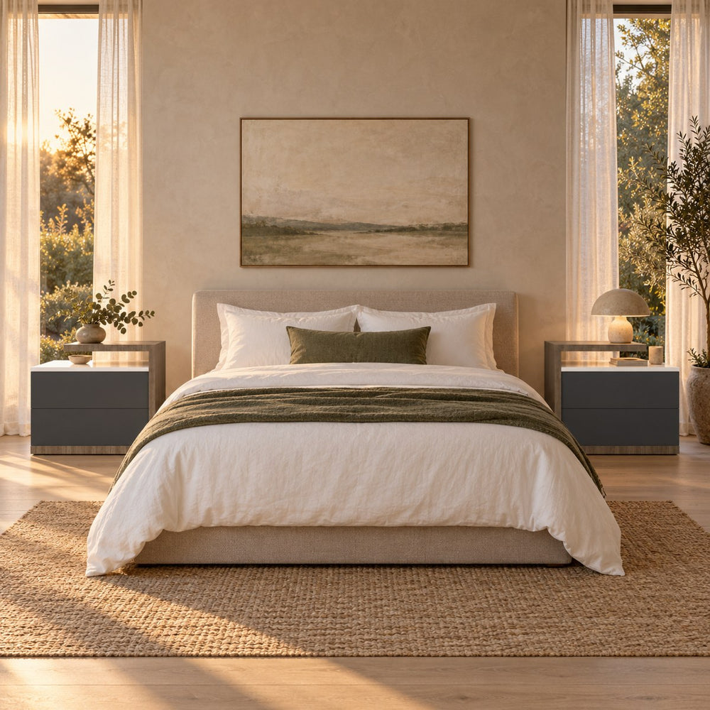 Huxberry Helix Nightstand styled in a calm bedroom