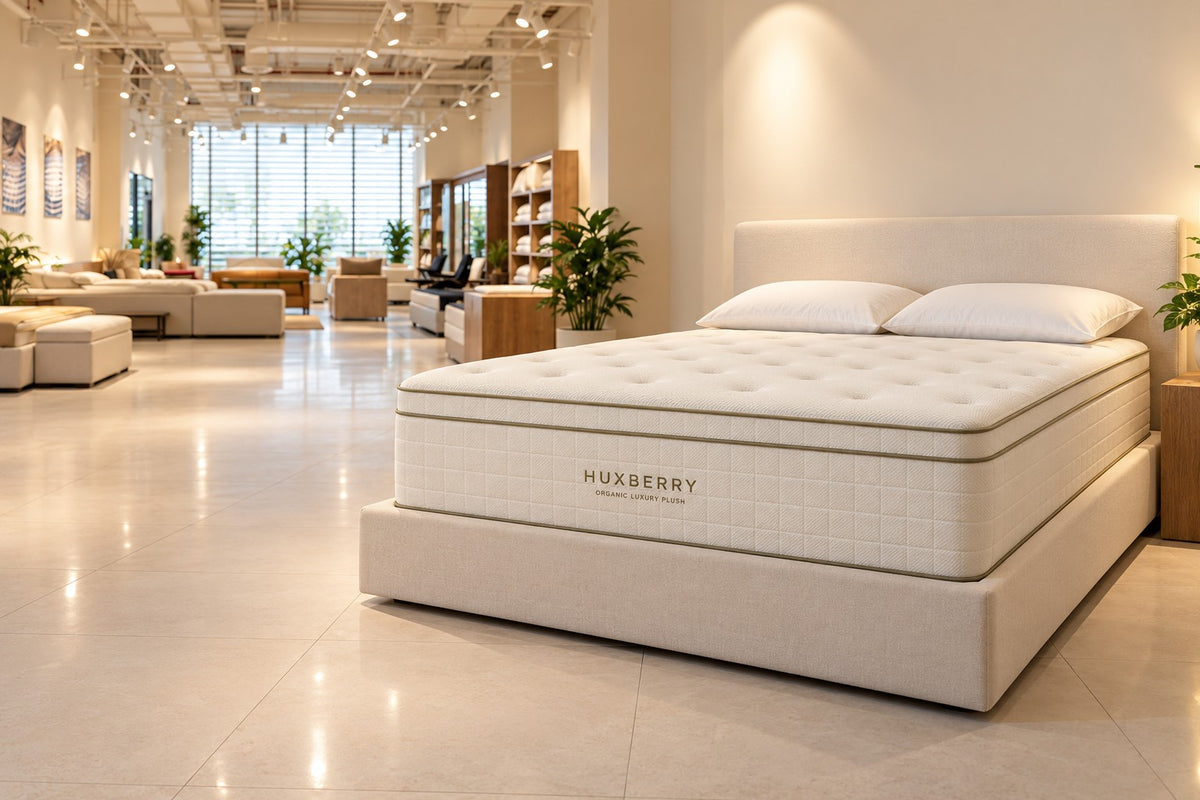 A Huxberry Organic Luxury Plush mattress on display in a showroom
