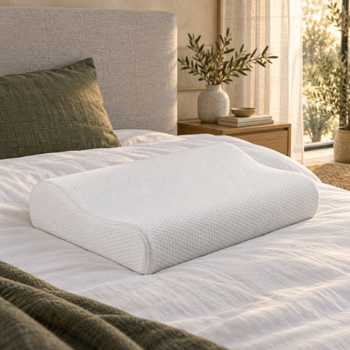 Huxberry Memory Foam Contour Pillow on a made bed in a warm, light bedroom