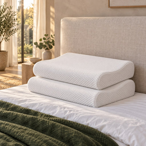 Two Huxberry Memory Foam Contour Pillows against an upholstered headboard