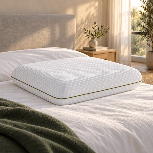 Huxberry Memory Foam Pillow on a made bed in a warm, light bedroom