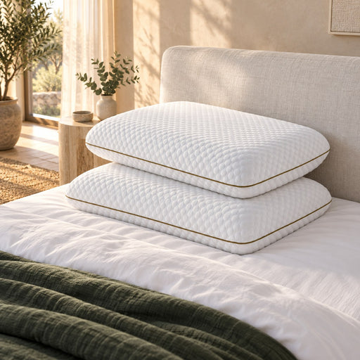 Two Huxberry Memory Foam Pillows against an upholstered headboard