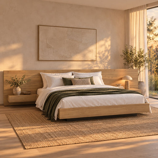 Huxberry Muskoka Oak Bed in a warm, light bedroom