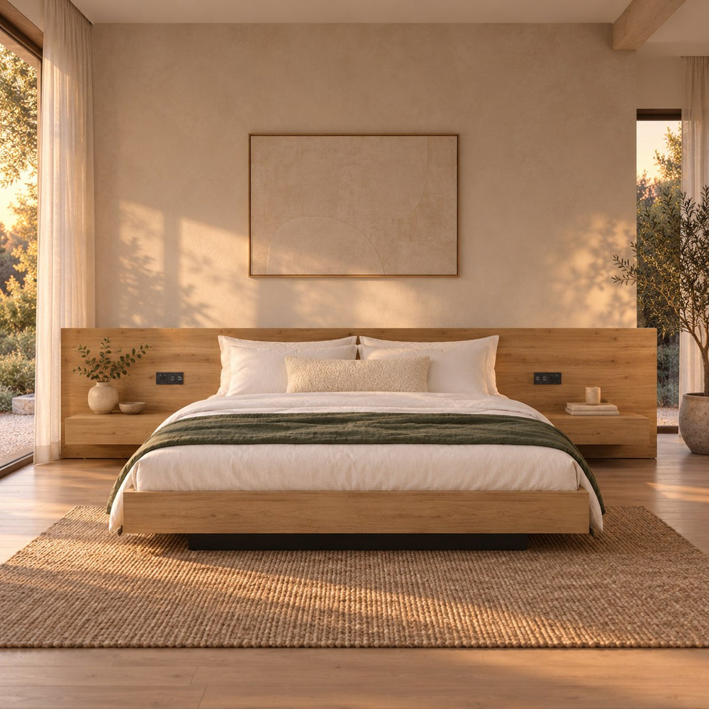Huxberry Muskoka Oak Bed styled in a calm bedroom