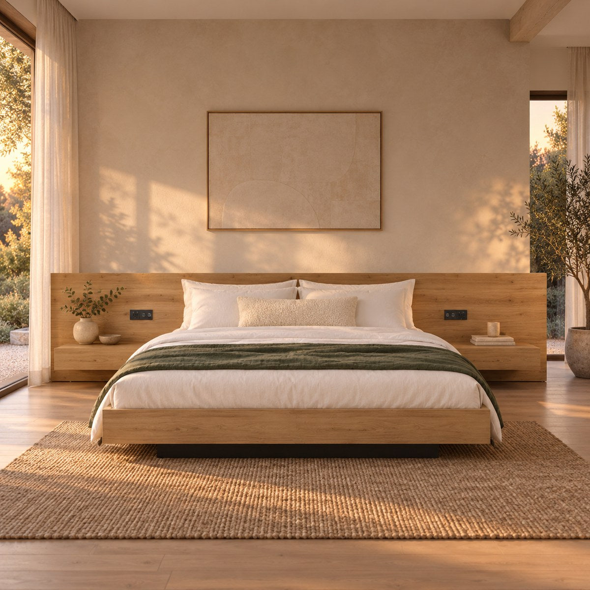 Huxberry Muskoka Oak Bed styled in a calm bedroom